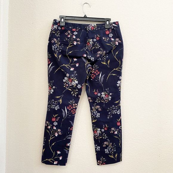 Stradivarius Pants Womens Navy Blue Chino Skinny Mid Rise Floral Slacks Cotton - Picture 9 of 12